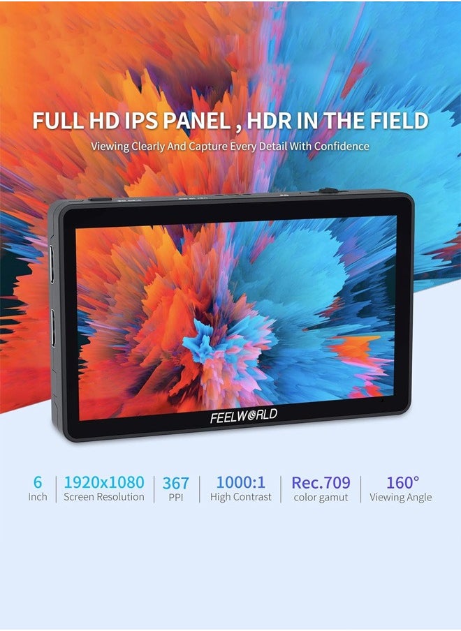 Feelworld - FEELWORLD F6 Plus V2 6 inch DSLR Camera Field Touch Screen Monitor with HDR 3D Lut Small Full HD 1920x1080 IPS Video Peaking Focus Assist 4K HDMI 8.4V DC Input Output Include Tilt Arm - Image 1