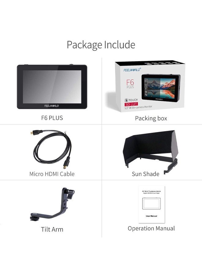 Feelworld - FEELWORLD F6 Plus V2 6 inch DSLR Camera Field Touch Screen Monitor with HDR 3D Lut Small Full HD 1920x1080 IPS Video Peaking Focus Assist 4K HDMI 8.4V DC Input Output Include Tilt Arm - Image 1