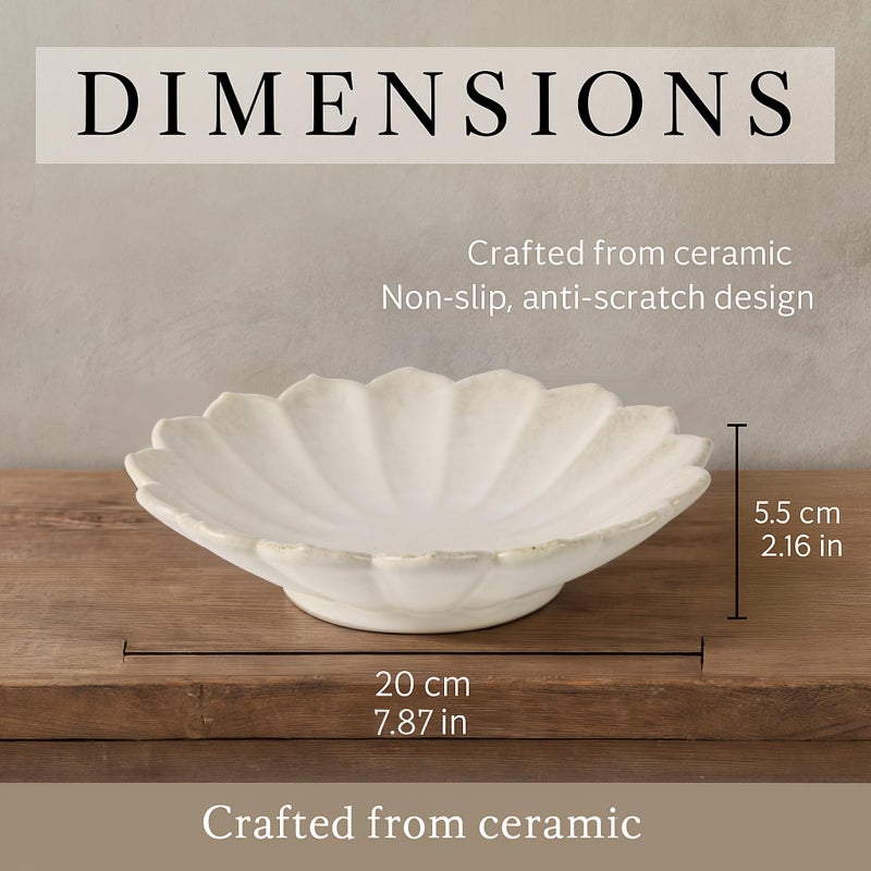 UANYEMON White Ceramic Flower Shaped Decorative Bowl, Elegant Ruffled Edge Centerpiece Bowl for Kitchen Counter, Dining Table or Coffee Table, Modern Fruit Bowl for Home Decor, Ideal Housewarming Gift - Image 2