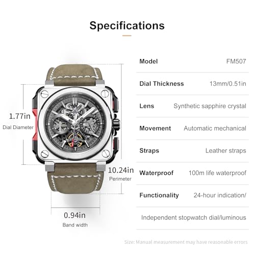 FEICE FM507 Men’s Automatic Skeleton Watch Mechanica Mens Wristwatch Square Sport Luminous Watches 10ATM Waterproof Watches - Image 4