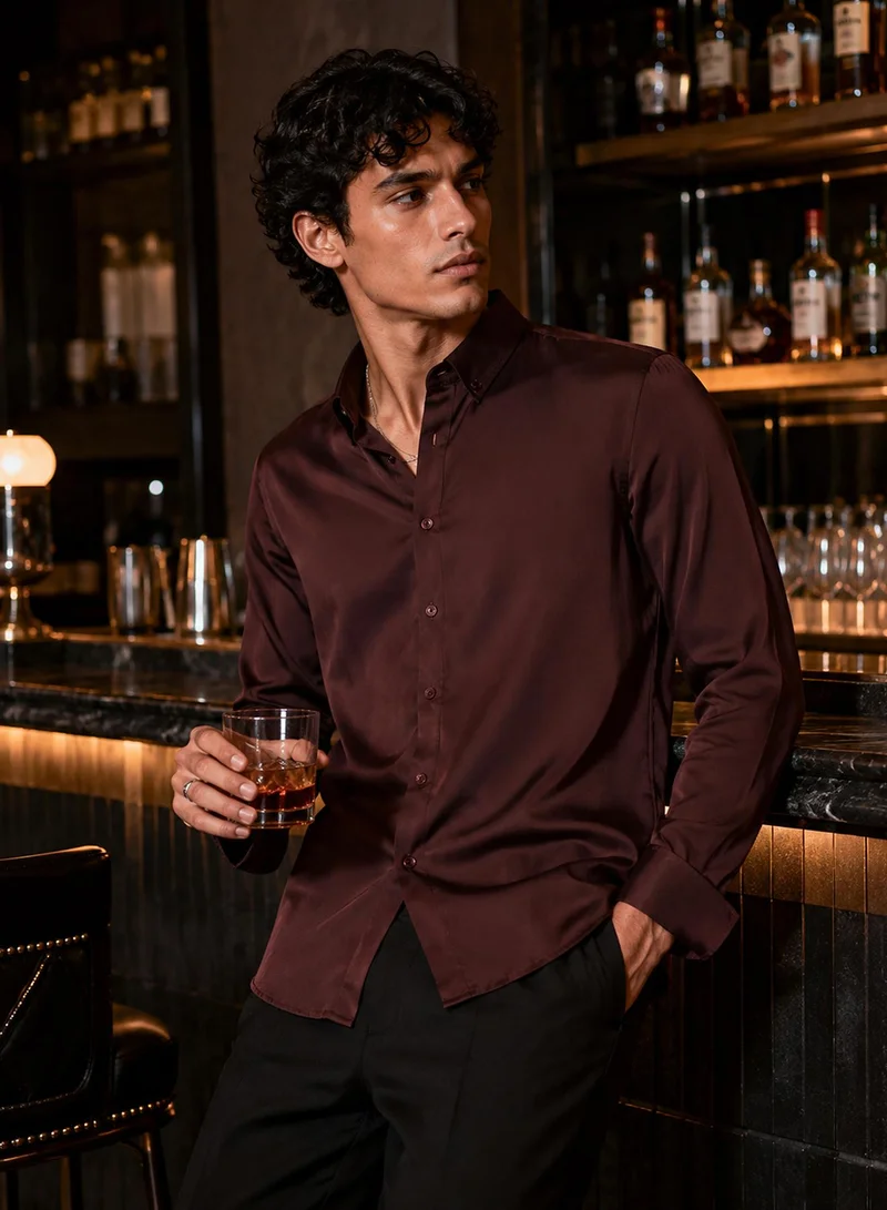 CAHOOT Men's Coffee Plain/Basic Regular Shirt For Casual Wear | Collared Neck | Long Sleeve | Button Closure | Polyester Blend Shirt Crafted With Comfort Fit For Everyday Wear