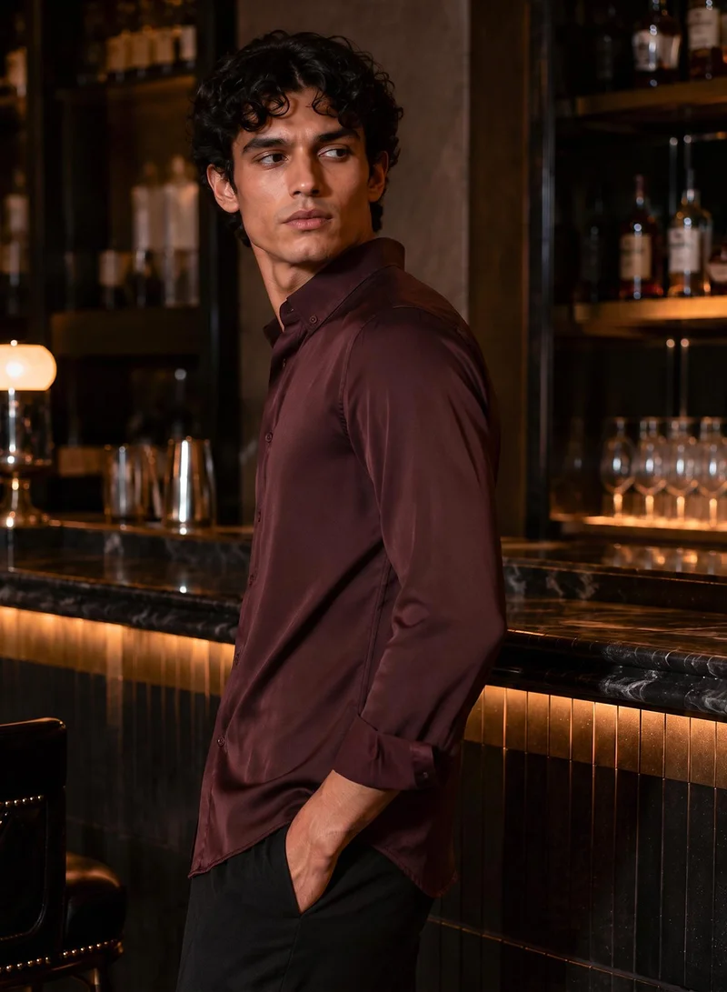 CAHOOT Men's Coffee Plain/Basic Regular Shirt For Casual Wear | Collared Neck | Long Sleeve | Button Closure | Polyester Blend Shirt Crafted With Comfort Fit For Everyday Wear