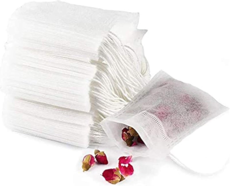 Tea filter bags 100 pack disposable empty tea bags, loose leaf tea infuser drawstring seal tea bags multipurpose non-woven fabric sachet bags for coffee spice herbs