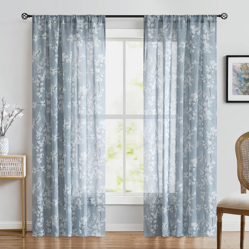 FMFUNCTEX Linen Sheer Curtains for Bedroom, Blue White Blossom Print Curtains 84 Inches Long for Living Room,Floral Patterned Farmhouse Curtain Light Filtering Window Drapes 2 Panels, Rod Pocket - Image 2