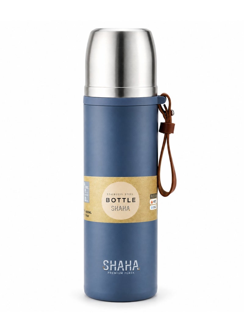 شاها قارورة شاها المصنوعة من الفولاذ المقاوم للصدأ مع مقبض جلدي، سعة 450 مل، لون أزرق - Image 1