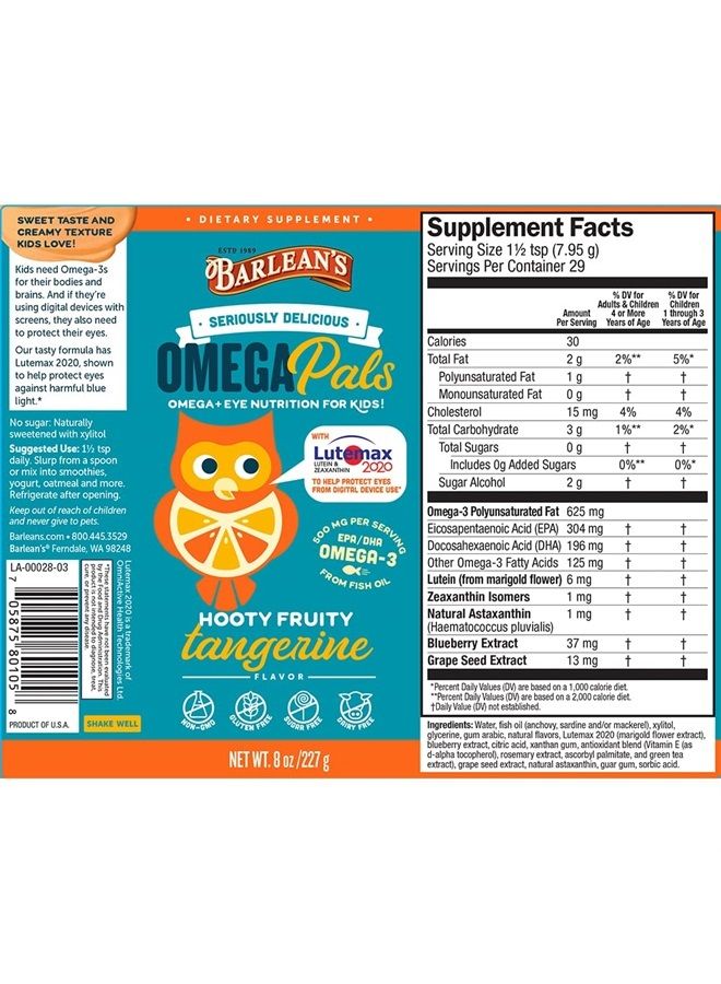 BARLEAN'S Omega Pals Eye Health Liquid, Tangerine Flavored Omega 3 for Kids, Fish Oil Supplement with 500 mg of EPA & DHA Plus Lutein & Zeaxanthin Vitamins for Blue Light Support, 8 oz - Image 2