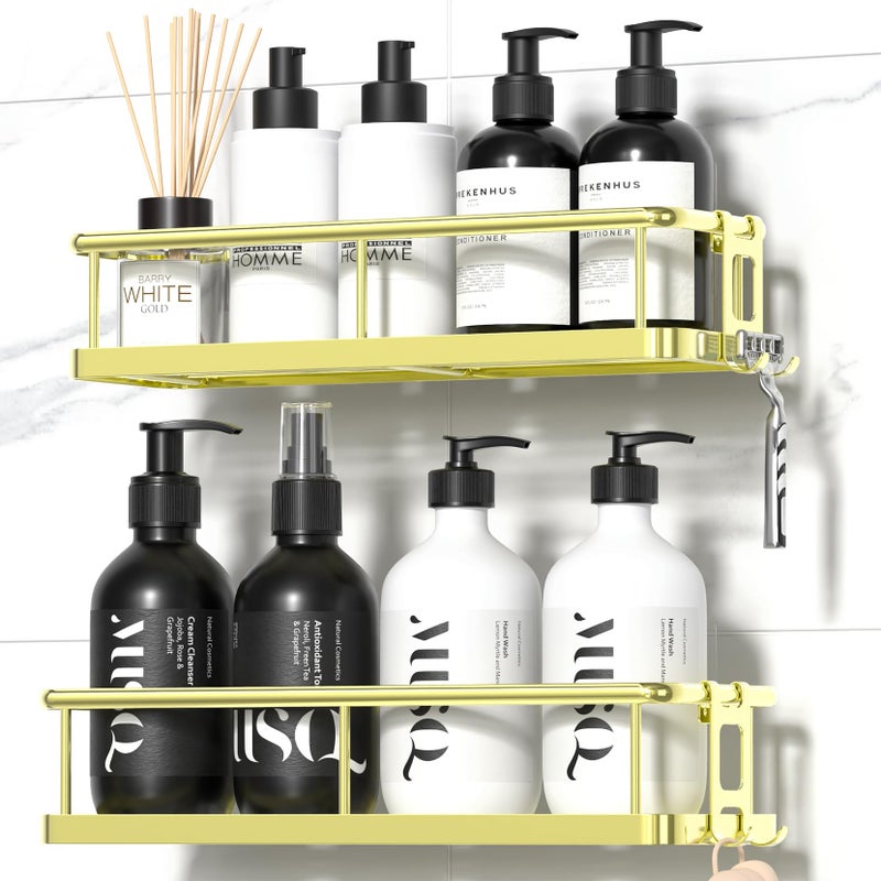 YASONIC Shower Caddy Adhesive, No Drill Bathroom Shower Organizers, with Removable Hooks, Rust Proof Shower Shelves, Wall-Mounted Shower Holder, 2 Pack Gold - Image 1