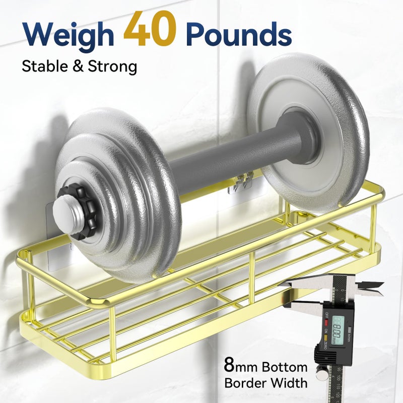 YASONIC Shower Caddy Adhesive, No Drill Bathroom Shower Organizers, with Removable Hooks, Rust Proof Shower Shelves, Wall-Mounted Shower Holder, 2 Pack Gold - Image 3