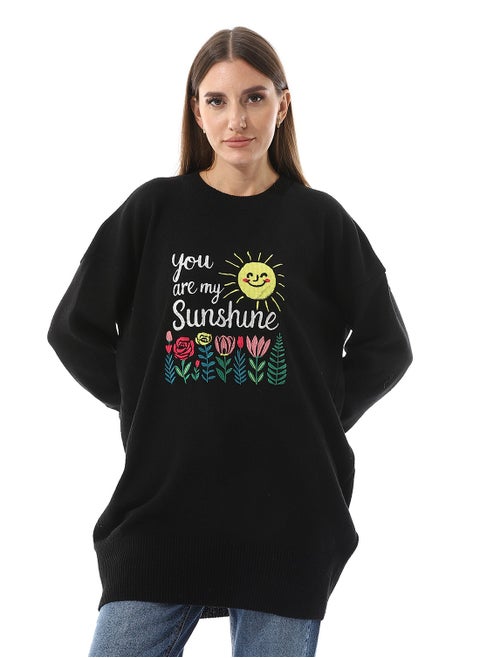 You Are My Sunshine Pattern Slip On Black Sweater