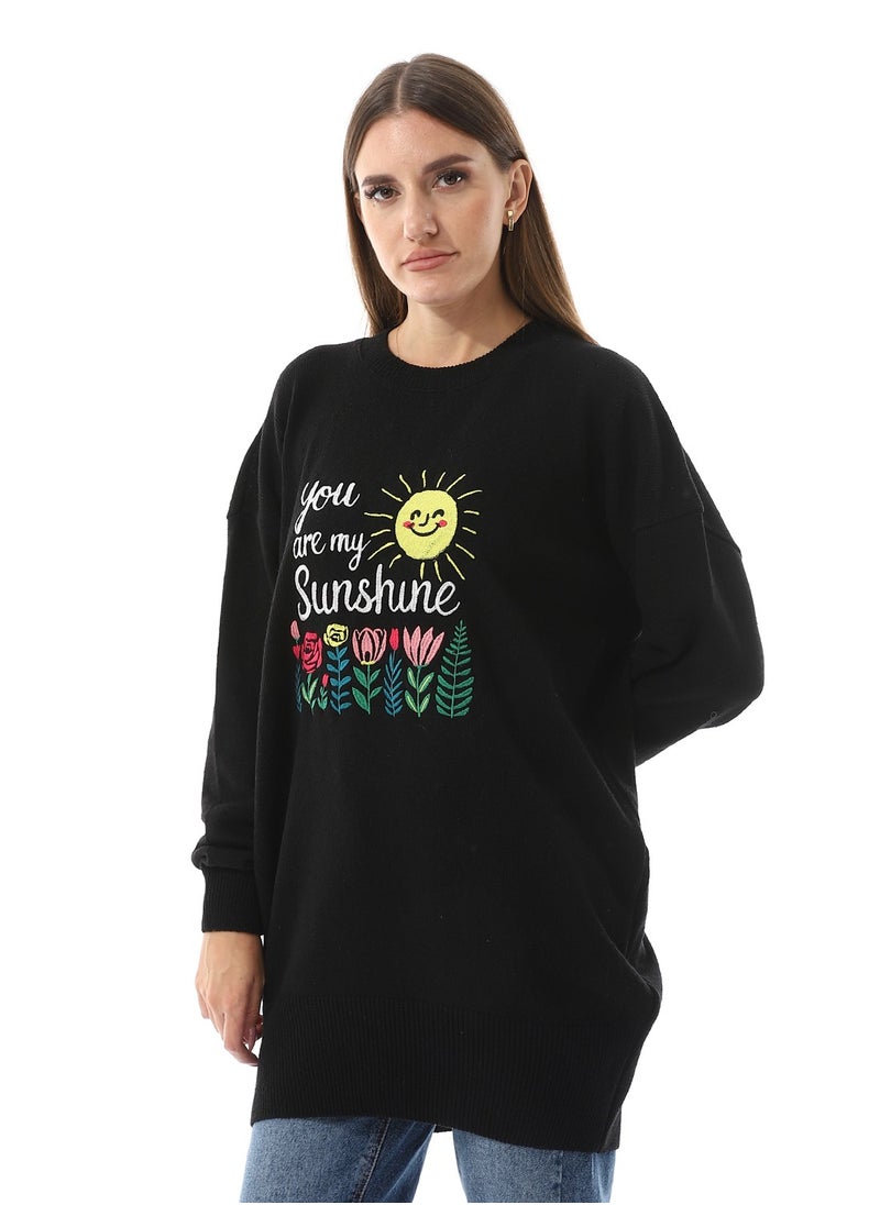 Andora - You Are My Sunshine Pattern Slip On Black Sweater - Image 1