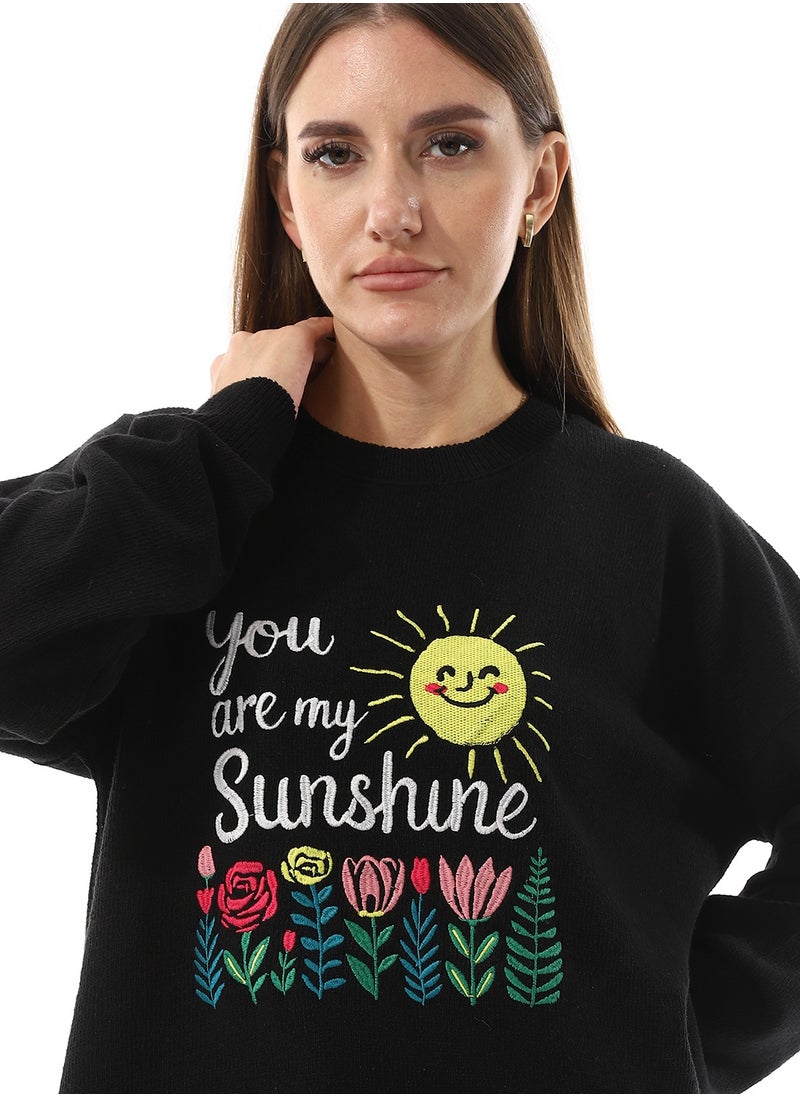 Andora - You Are My Sunshine Pattern Slip On Black Sweater - Image 1