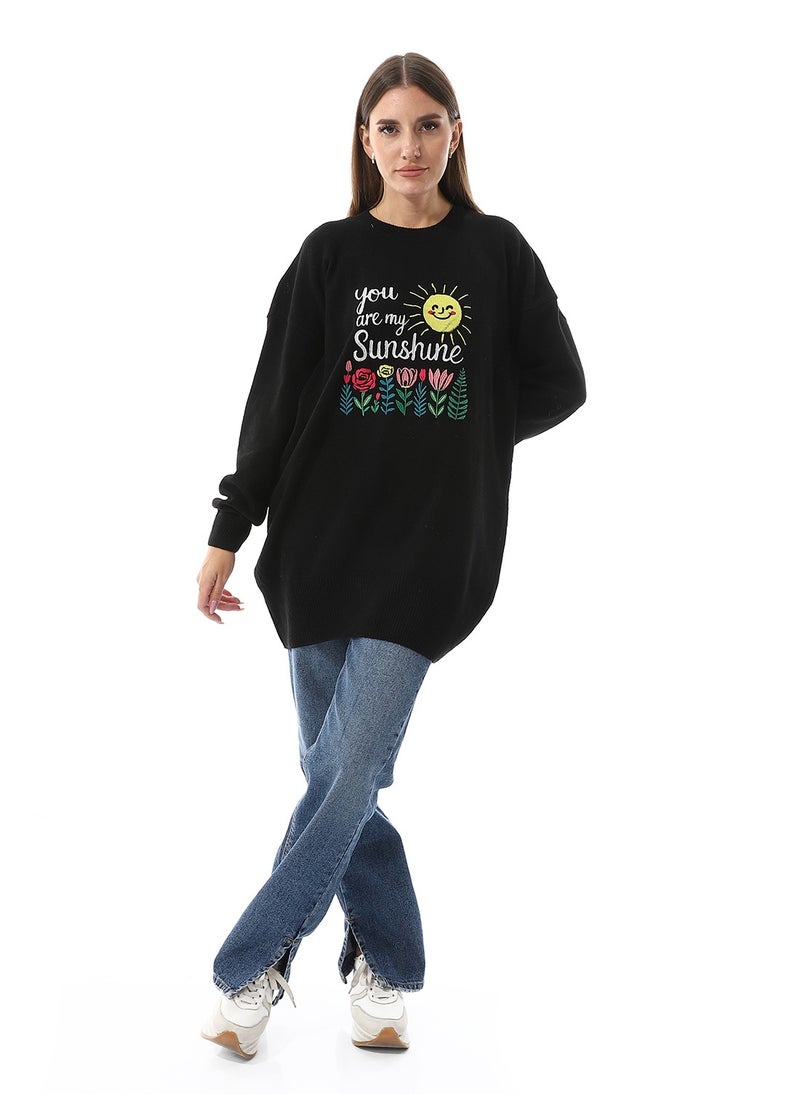 Andora - You Are My Sunshine Pattern Slip On Black Sweater - Image 1