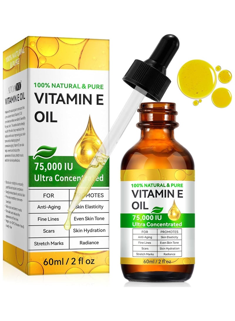 Vitamin E Oil, 75,000 IU, 100% Pure & Natural Vitamin E Oil for Skin, Face, Hair, Nails & Scars, Body Bath Moisturizing Dry Skin and Winkles, Non-GMO & Vegan (2 Fl Oz (Pack of 1)) - Image 1
