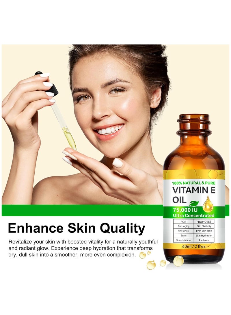 Vitamin E Oil, 75,000 IU, 100% Pure & Natural Vitamin E Oil for Skin, Face, Hair, Nails & Scars, Body Bath Moisturizing Dry Skin and Winkles, Non-GMO & Vegan (2 Fl Oz (Pack of 1)) - Image 2