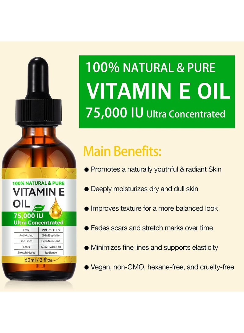 Vitamin E Oil, 75,000 IU, 100% Pure & Natural Vitamin E Oil for Skin, Face, Hair, Nails & Scars, Body Bath Moisturizing Dry Skin and Winkles, Non-GMO & Vegan (2 Fl Oz (Pack of 1)) - Image 3