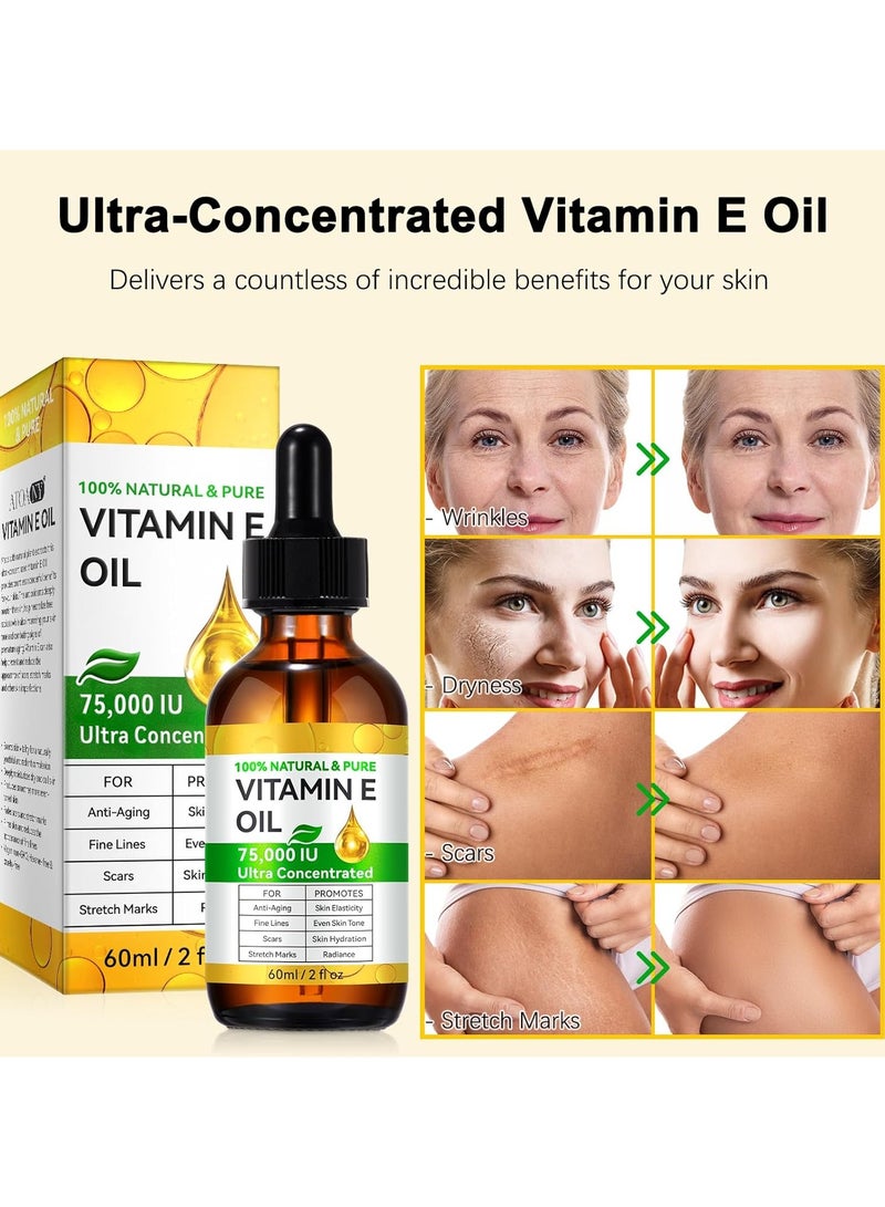 Vitamin E Oil, 75,000 IU, 100% Pure & Natural Vitamin E Oil for Skin, Face, Hair, Nails & Scars, Body Bath Moisturizing Dry Skin and Winkles, Non-GMO & Vegan (2 Fl Oz (Pack of 1)) - Image 4