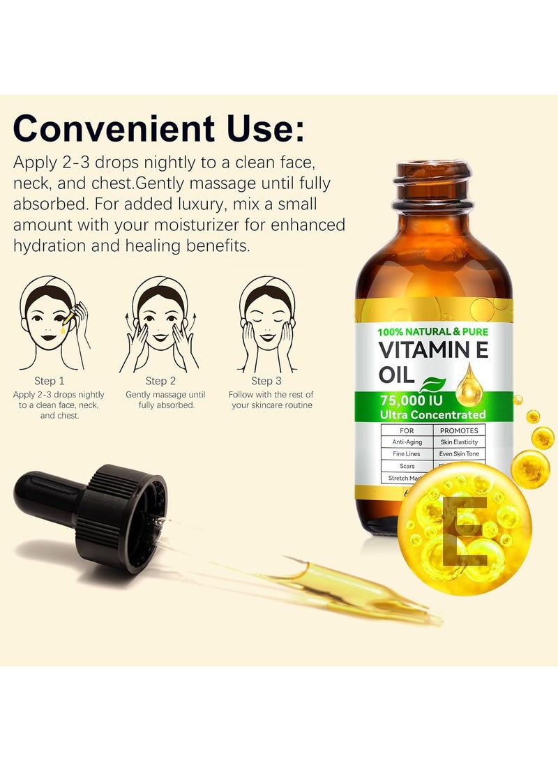 Vitamin E Oil, 75,000 IU, 100% Pure & Natural Vitamin E Oil for Skin, Face, Hair, Nails & Scars, Body Bath Moisturizing Dry Skin and Winkles, Non-GMO & Vegan (2 Fl Oz (Pack of 1)) - Image 5
