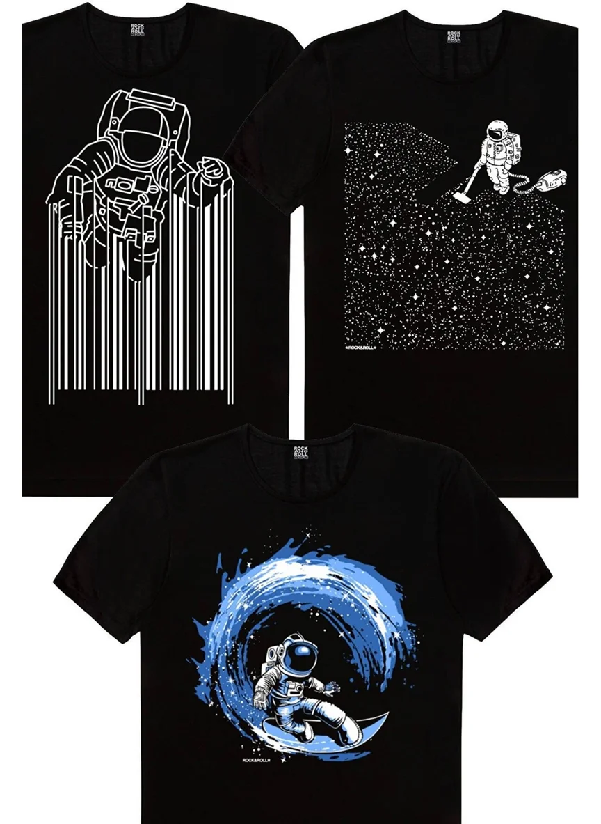 Rock&Roll Astronaut with Broom, Barcode Astronaut, Galactic Surfer Men's 3-Piece Eco Pack T-Shirt