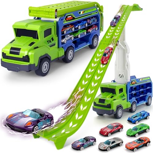 Bstoyder Kids Toys for 3 4 5 6 7 8 Years Old Boys Carrier Truck Transport Car Toys Foldable 2 Layer Car Race Track Playset with 25in Race Track 6 Metal Toy Cars Birthday Toy Gift for Toddler Boys Girls - Image 1