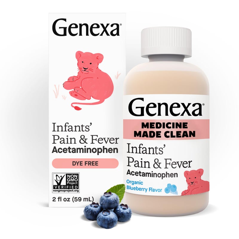 Genexa Infants’ Clean Pain & Fever Acetaminophen, Dye Free, 0% Artificial Additives, Delicious Organic Blueberry Flavor, Liquid Oral Suspension Medicine for Baby, 160 mg per 5mL, 2 fl oz - Image 1