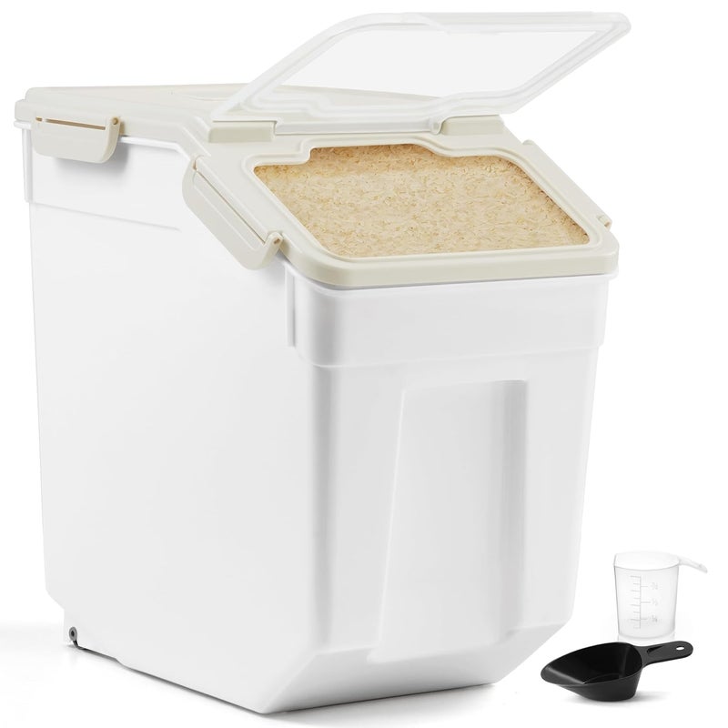ABOUT SPACE 15Kg Rice Container Airtight Rice Storage Container with Measuring Cup Rice Shovel Rice Barrel DispenserMoisture Proof Kitchen Organiser for CerealsPulsesPet Food Grey Plastic - Image 1