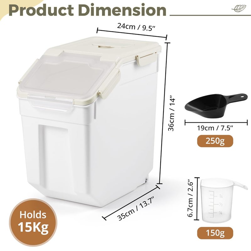 ABOUT SPACE 15Kg Rice Container Airtight Rice Storage Container with Measuring Cup Rice Shovel Rice Barrel DispenserMoisture Proof Kitchen Organiser for CerealsPulsesPet Food Grey Plastic - Image 2