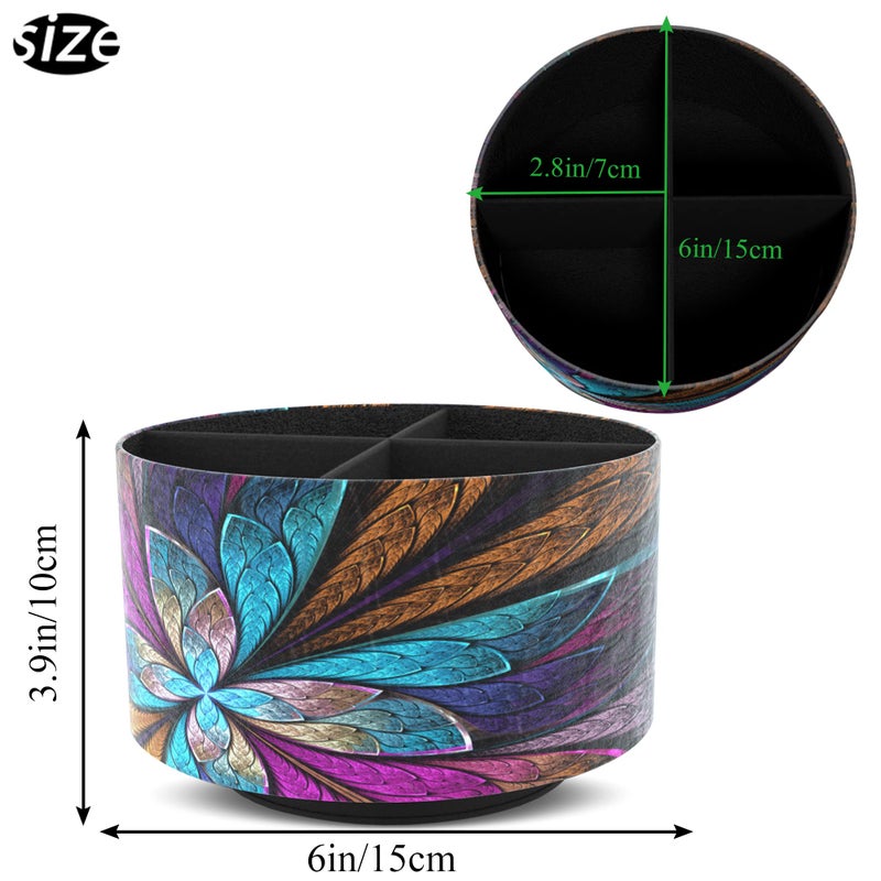 Hennaja Round Leather Art Supply Organizer,Remote Control Holder,360 Degree Rotating,Multi-Functional Pencil Holder,4 Compartments Desktop Stationary Organizer(1-Fractal Flower) - Image 2