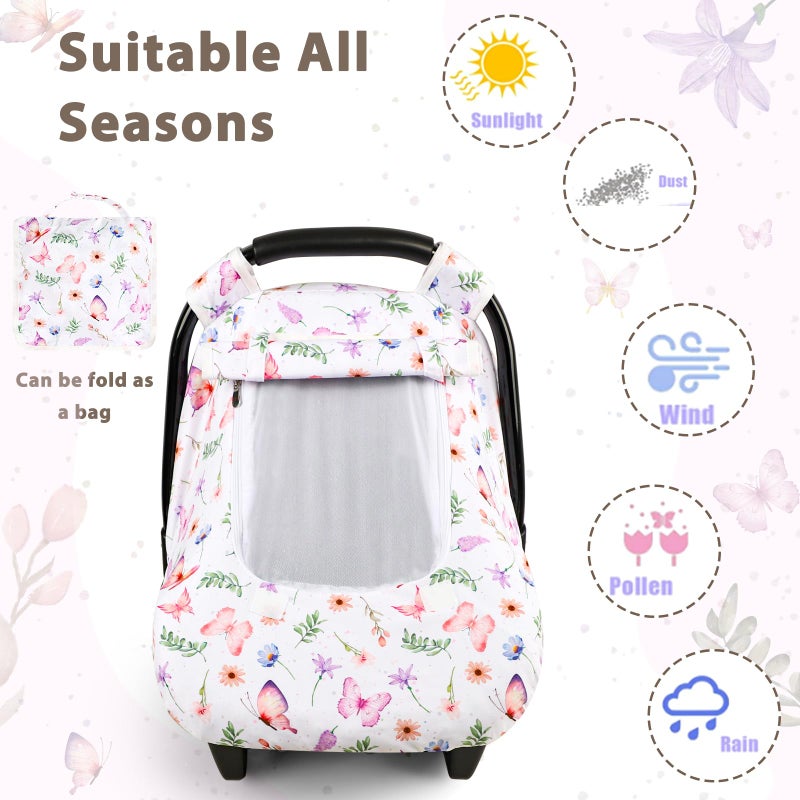 Pea Pod Car Seat Cover Baby, Infant Car Seat Canopy Covers with 2 Layers Windows of Breathable Mesh Fabric, Lightweight Polyester, Soft Minky Dot Backing (Butterfly Pattern) - Image 5