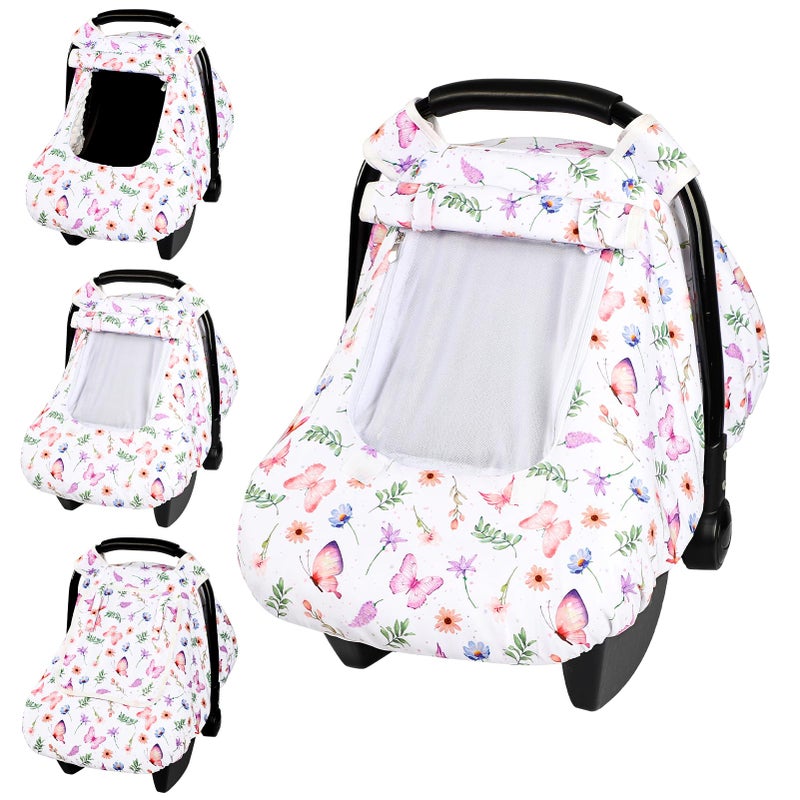 Pea Pod Car Seat Cover Baby, Infant Car Seat Canopy Covers with 2 Layers Windows of Breathable Mesh Fabric, Lightweight Polyester, Soft Minky Dot Backing (Butterfly Pattern) - Image 1