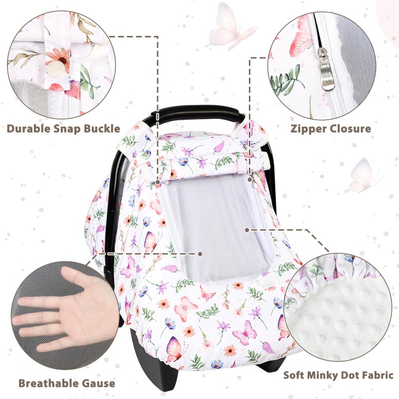 Pea Pod Car Seat Cover Baby, Infant Car Seat Canopy Covers with 2 Layers Windows of Breathable Mesh Fabric, Lightweight Polyester, Soft Minky Dot Backing (Butterfly Pattern) - Image 3