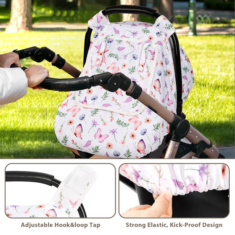 Pea Pod Car Seat Cover Baby, Infant Car Seat Canopy Covers with 2 Layers Windows of Breathable Mesh Fabric, Lightweight Polyester, Soft Minky Dot Backing (Butterfly Pattern) - Image 2