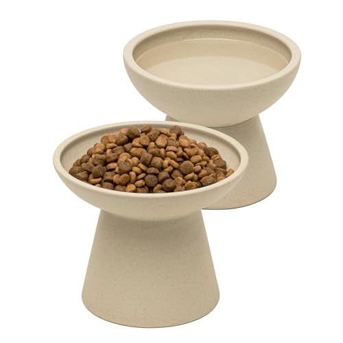 CEEFU 2 Elevated Cat Bowls Extra Wide for Food & Water – Whisker Fatigue, Ceramic Wide Shallow Food Dish, Lead & Cadmium Free, Raised Height for Cats, Pottery Clay (Not Glazed) - Image 1