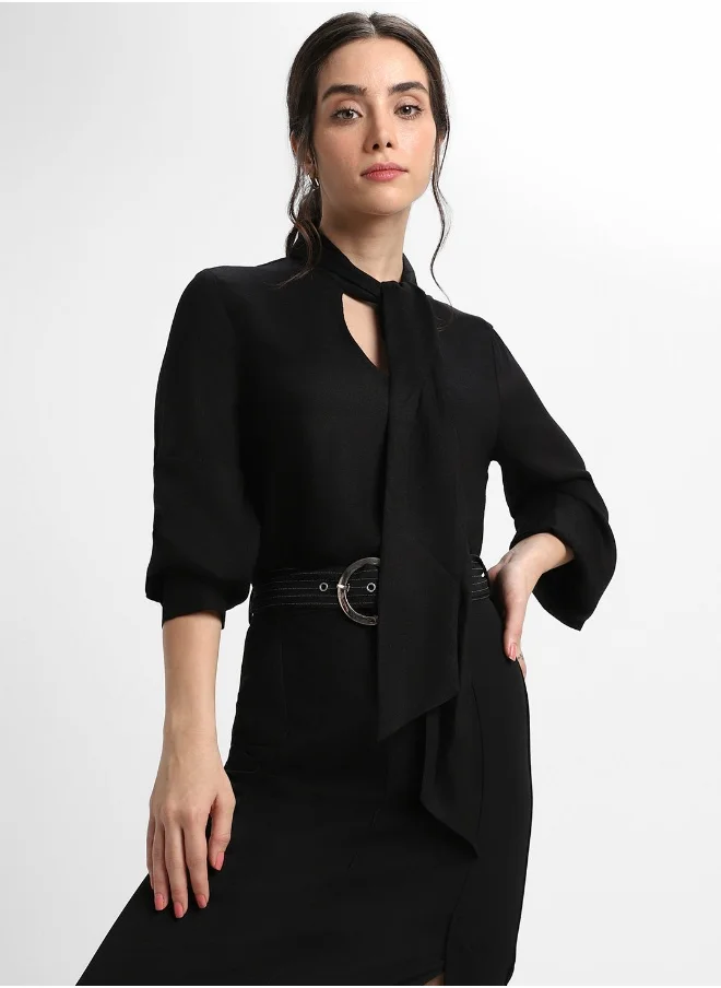 دينيس لينغو Black Regular Fit Tie Up Neck Top for Women - Viscose Moss, Full Sleeves, Casual, Wash Care