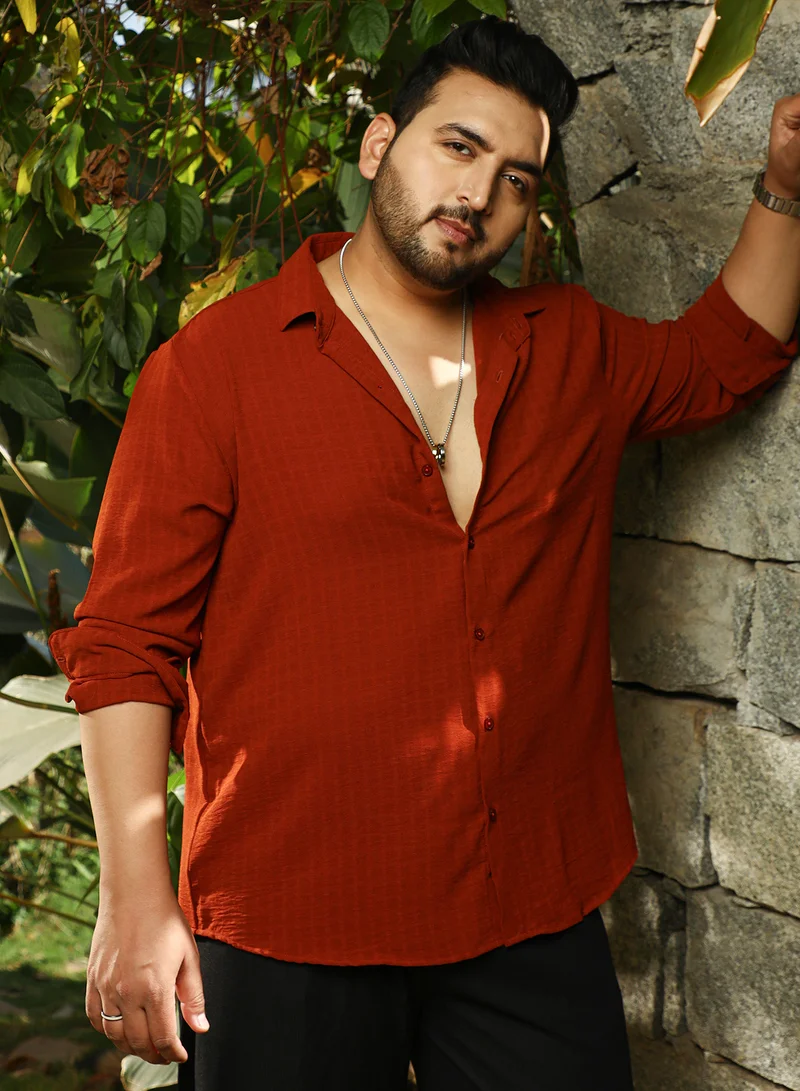 Instafab Plus Instafab Plus Men's Burnt Sienna Cubic-Woven Regular Shirt For Casual Wear | Spread Collar | Long Cuffed Sleeves | Button Closure | Plus Size Shirt Crafted With Comfort Fit For Everyday Wear