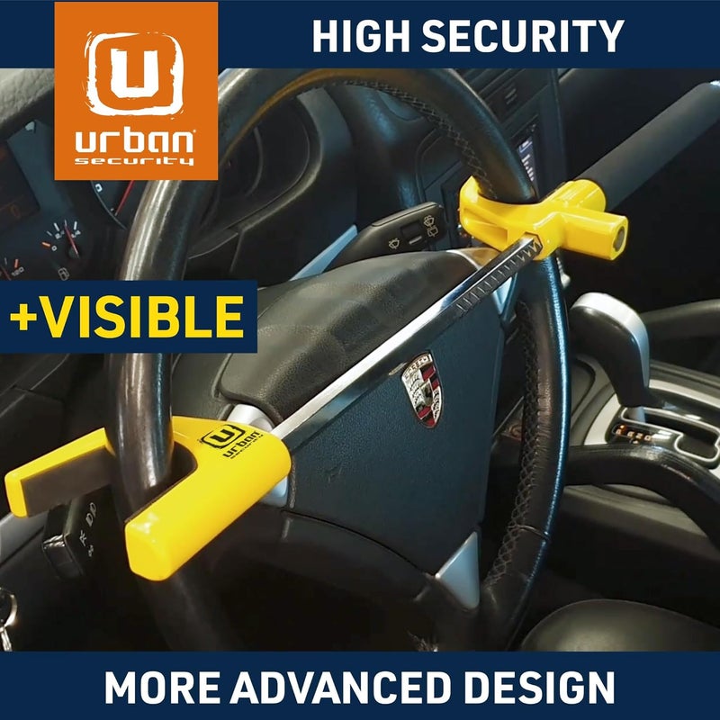 Urban UR959Y High Security Steering Wheel Lock, Most Visible Yellow Steel Deterrent, Automatic Locking, Protective Pads Optional Safety Hammer, Universal Car Anti-Theft Device for Auto SUV Van Camper - Image 2
