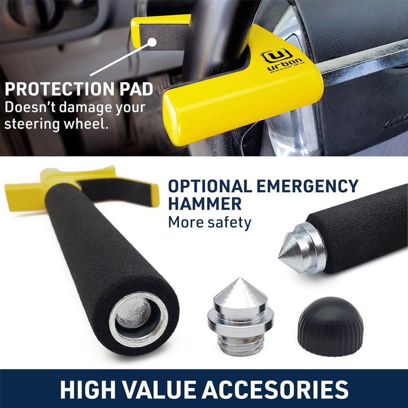 Urban UR959Y High Security Steering Wheel Lock, Most Visible Yellow Steel Deterrent, Automatic Locking, Protective Pads Optional Safety Hammer, Universal Car Anti-Theft Device for Auto SUV Van Camper - Image 4