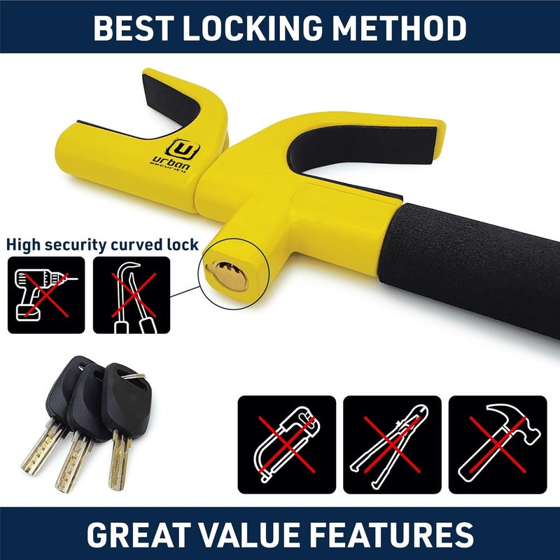 Urban UR959Y High Security Steering Wheel Lock, Most Visible Yellow Steel Deterrent, Automatic Locking, Protective Pads Optional Safety Hammer, Universal Car Anti-Theft Device for Auto SUV Van Camper - Image 3