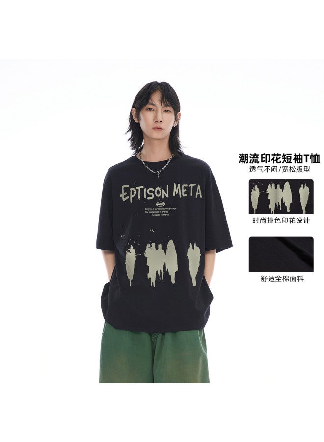 EPTISON Summer Trendy Creative Letter Print Loose Heavyweight Round Neck Short Sleeve T-shirt 230g Unisex Top - Image 2