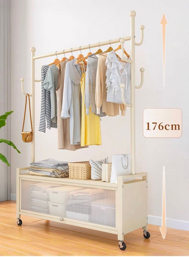 SHEE ONE Modern 2-in-1 Clothes Rack | Hanger with Garment Rail and Transparent Storage Cabinet | Rolling Wheels & Side Hooks | White Color | Size: 176×100×33 cm - Image 2
