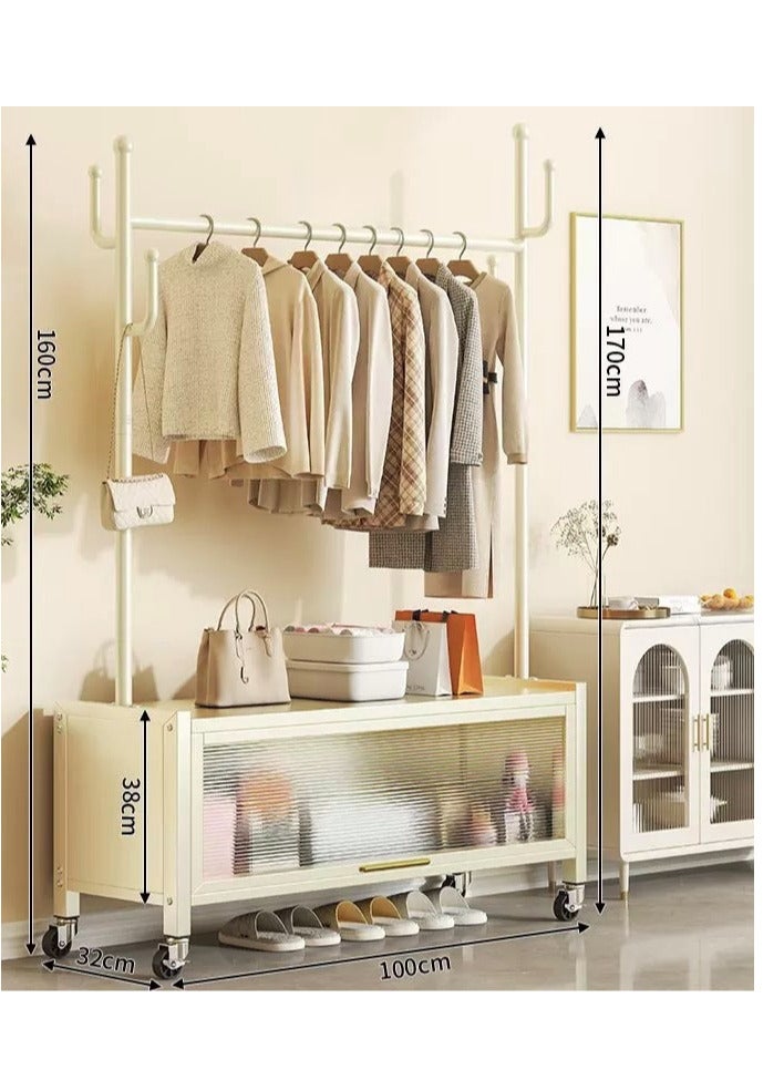SHEE ONE Modern 2-in-1 Clothes Rack | Hanger with Garment Rail and Transparent Storage Cabinet | Rolling Wheels & Side Hooks | White Color | Size: 176×100×33 cm - Image 3