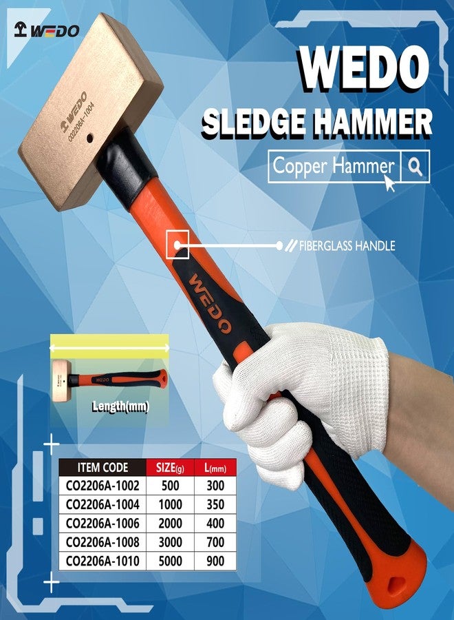 WEDO Copper Sledge Hammer 2lb, Strike Drilling Hammer with Fiberglass Handle, Club hammer, Crack Hammer, Double Face Copper Hammer, Die-Forged, Corrosion Resistant, 14" Length - Image 2