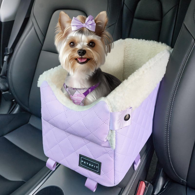بتس فيت مقعد سيارة للقطط من PETSFIT مزود بخطافات حماية آمنة، ومقعد سيارة للكلاب مع وحدة تحكم مركزية وأحزمة أمان مُحسّنة، ووسادة قابلة للغسل، ومقاعد سيارة للكلاب الصغيرة التي يصل وزنها إلى 9 أرطال (بنفسجي) - Image 1