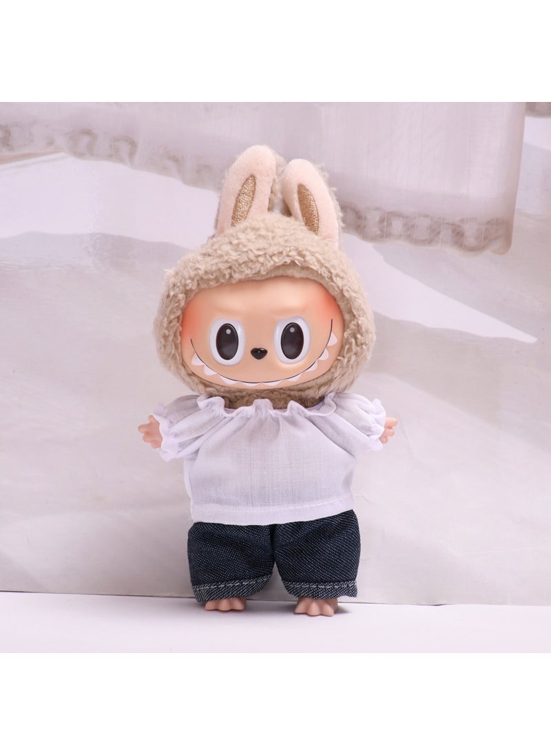 17cm LaBuBu Doll Clothes Keyring White Ruffle Collar T-Shirt Denim Shorts (Baby Coat Only, Not Doll) 