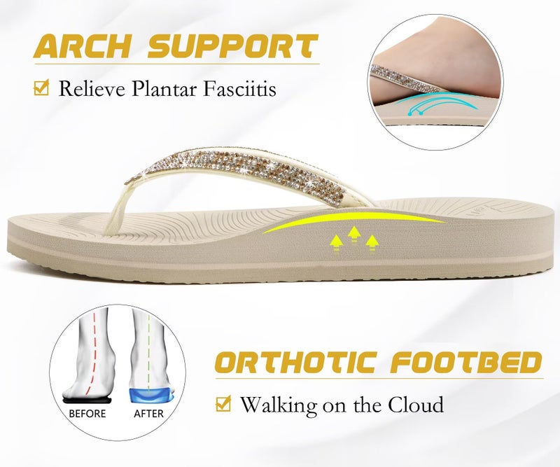 KuaiLu Women's Rhinestone Flip Flops with Comfort Arch Support Yoga Mat Cushion Sandals Fashion Summer Beach Pool Travel Orthotic Walking Thong Sandles Slip on Plantar Fasciitis Beige White 6 - Image 3