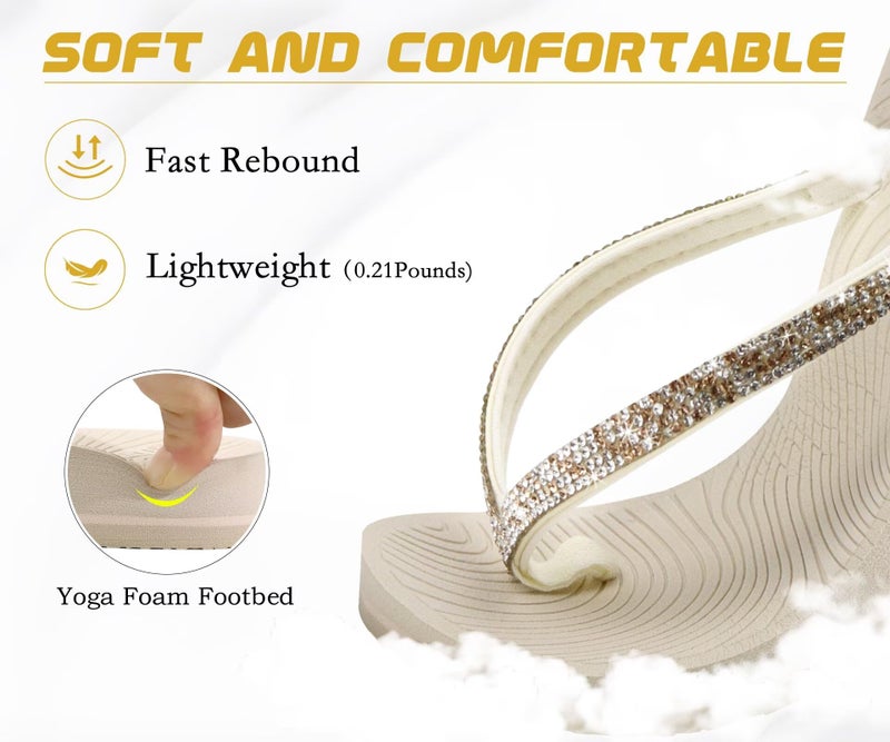 KuaiLu Women's Rhinestone Flip Flops with Comfort Arch Support Yoga Mat Cushion Sandals Fashion Summer Beach Pool Travel Orthotic Walking Thong Sandles Slip on Plantar Fasciitis Beige White 6 - Image 5