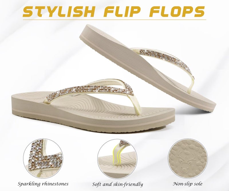 KuaiLu Women's Rhinestone Flip Flops with Comfort Arch Support Yoga Mat Cushion Sandals Fashion Summer Beach Pool Travel Orthotic Walking Thong Sandles Slip on Plantar Fasciitis Beige White 6 - Image 4