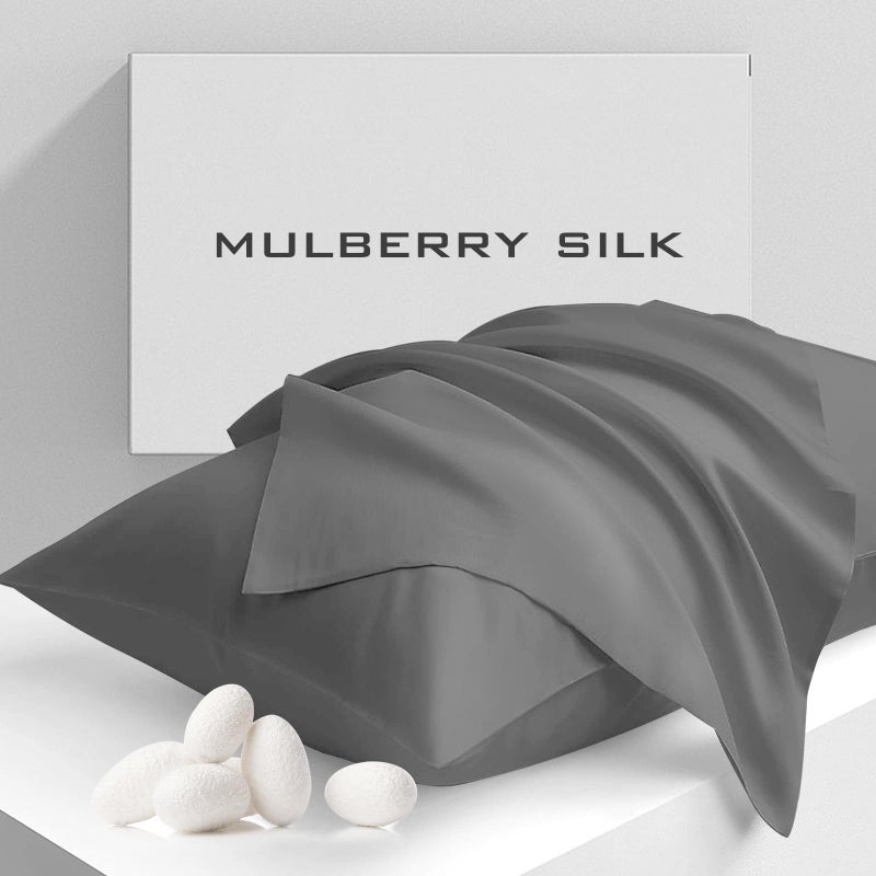 Cobnom Pure Mulberry Silk Pillowcases Set of 2  Queen Size Silk Pillow Cases - Grade-6A 19 Momme Soft Smooth Cooling with Zipper  Hair and Skin Friendly (Gray  20x30 Inch) - Image 1
