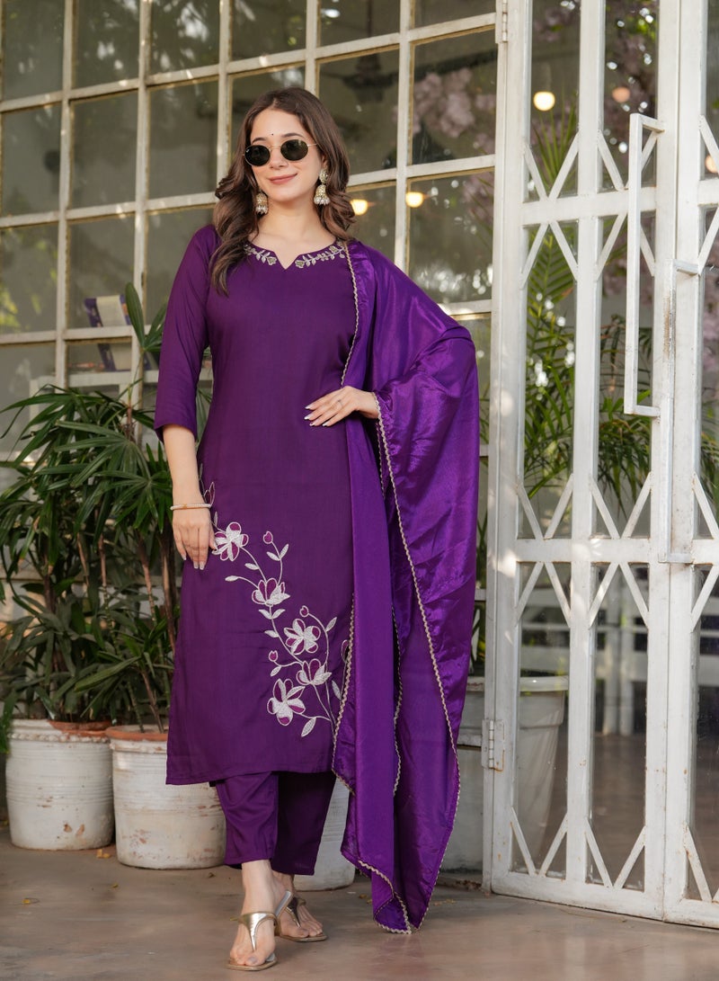 Women's Viscose Rayon Purple embroidery straight kurta with pant and dupatta sets  - Image 1