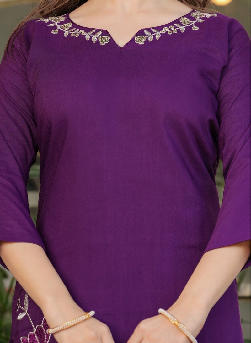 Women's Viscose Rayon Purple embroidery straight kurta with pant and dupatta sets  - Image 5