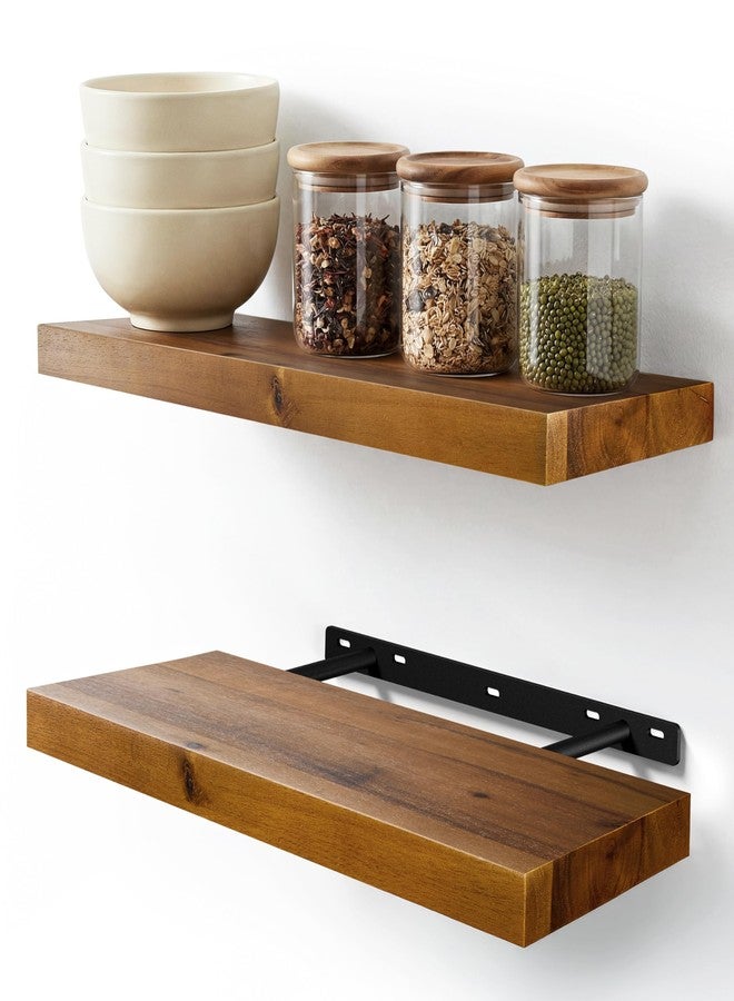 BATODA Set of 2 17" Acacia Wood Floating Shelves Wall Mounted – Rustic Farmhouse Wooden Wall Storage Shelf for Bedroom, Kitchen, Home Décor - Brackets and Shelving Mounting Hardware Included - Image 1
